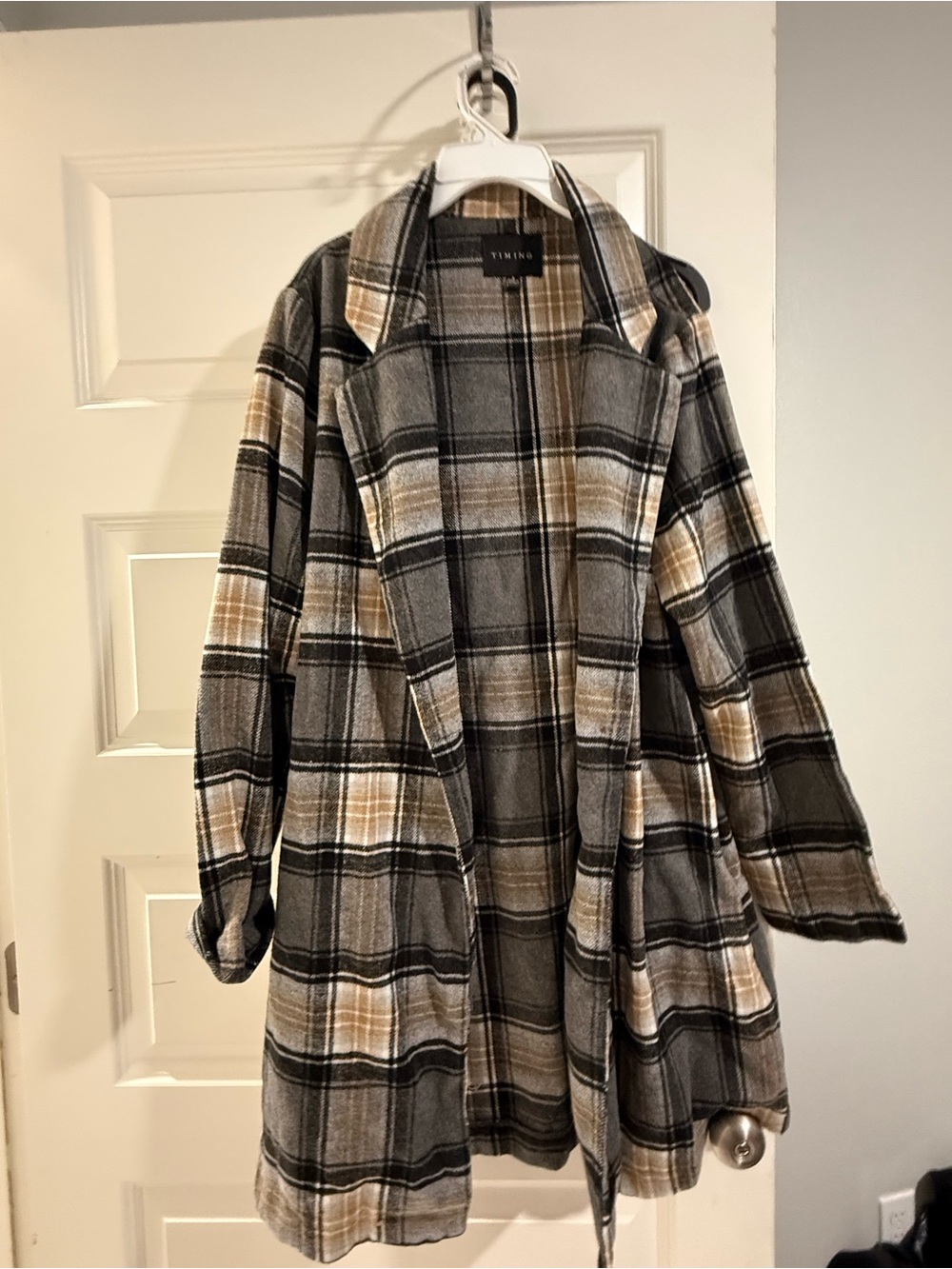 Timing Plaid Trench Coat in Gray, Black, and Tan